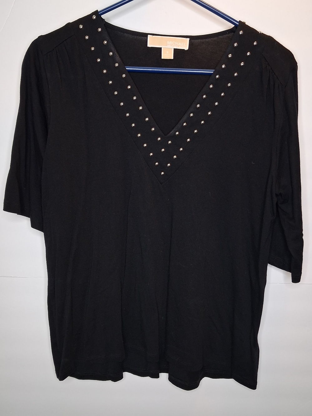 MICHAEL Michael Kors Black V-Neck Long Sleeve Top with Silver Studs